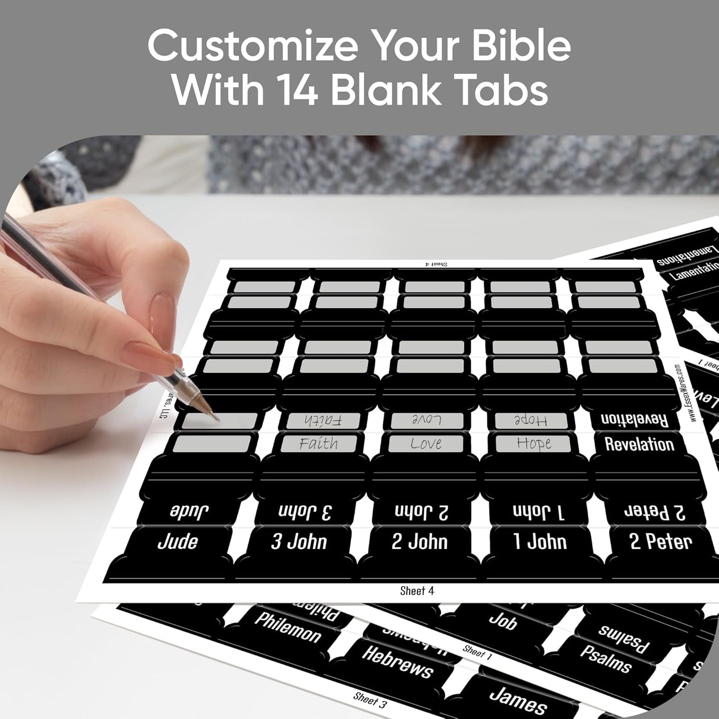 EssexWares Black Bible Tabs – 80 Large Print, Durable & Water-Resistant