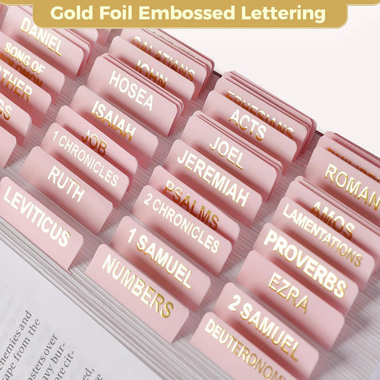 Pink Bible Tabs for Women – 100 Laminated, Gold Foil Lettering