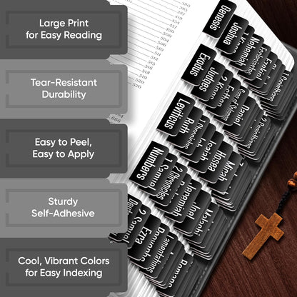EssexWares Black Bible Tabs – 80 Large Print, Durable & Water-Resistant