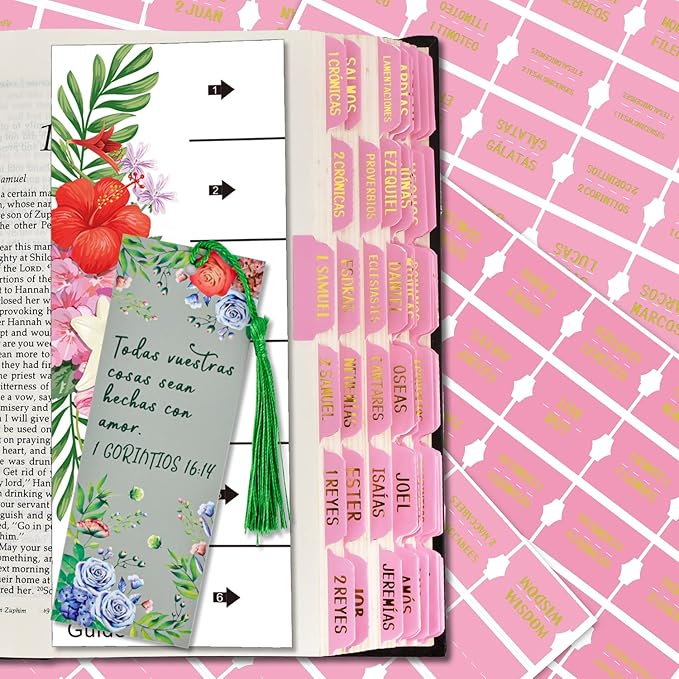 Spanish Bible Tabs Floral Matte – 122pcs Old & New Testament Index Stickers for Bible Journaling