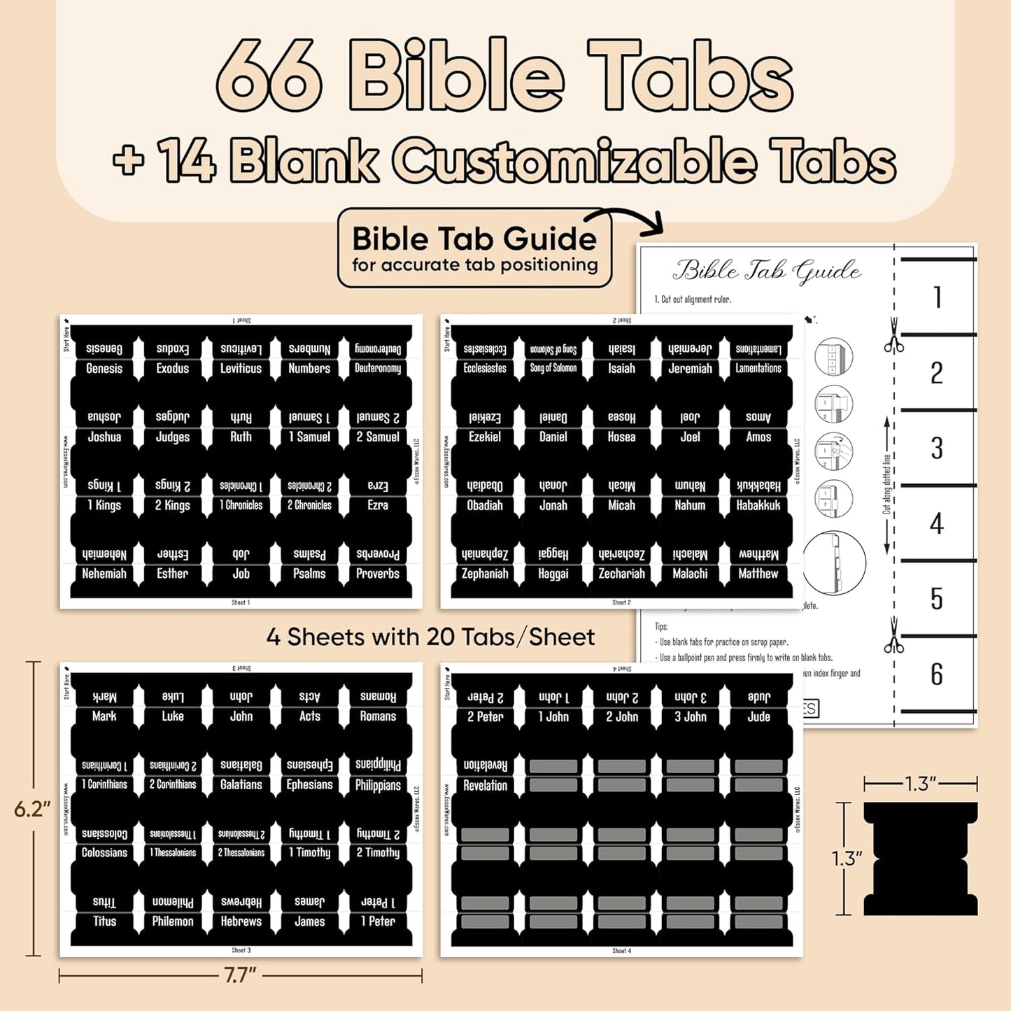 EssexWares Black Bible Tabs – 80 Large Print, Durable & Water-Resistant