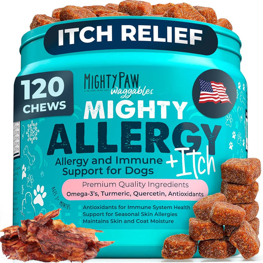 Mighty Paw Waggables Allergy & Itch Relief Dog Chews – Omega 3 + Quercetin, 120 Ct