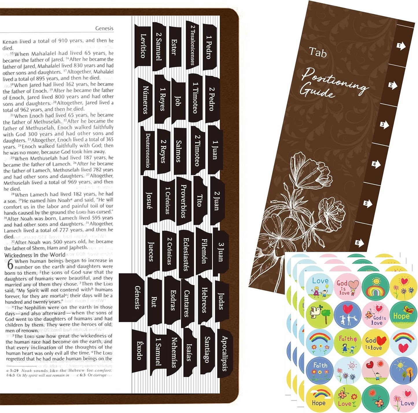 105 Laminated Tabs + 80 Stickers - Easy-Apply Bible Tabs Set